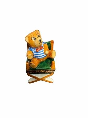 Limoges France Peint Main PV Teddy Bear in Directors Chair Porcelain Trinket Box
